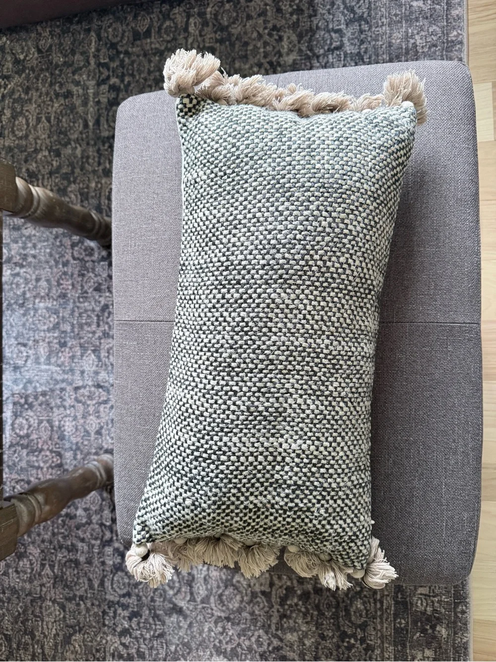 West Elm Black & Cream Textured Lumbar Pillow with Tassels